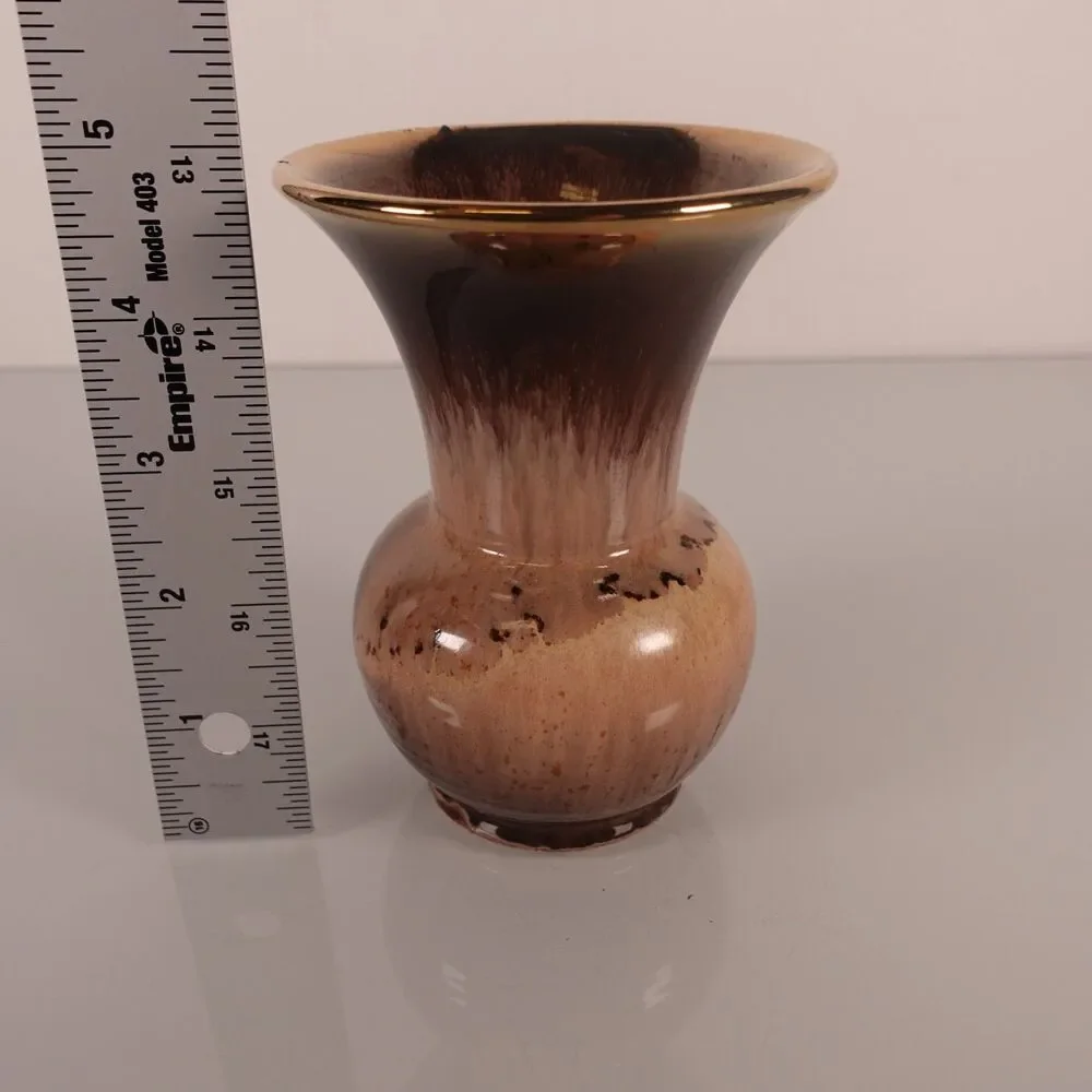 Vintage Keramik Western Germany Drip Glaze Trumpet Neck Vase Brown Gold Rim 5
